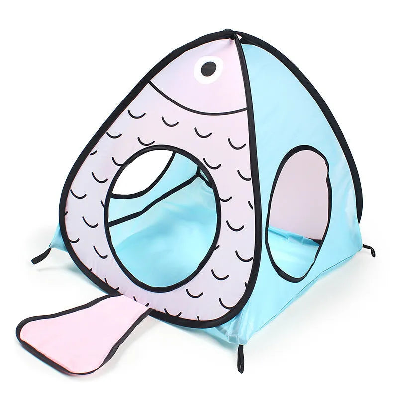 Foldable pet tent and tunnel set in a blue cat and fish design, showing the collapsible PP plastic frame.