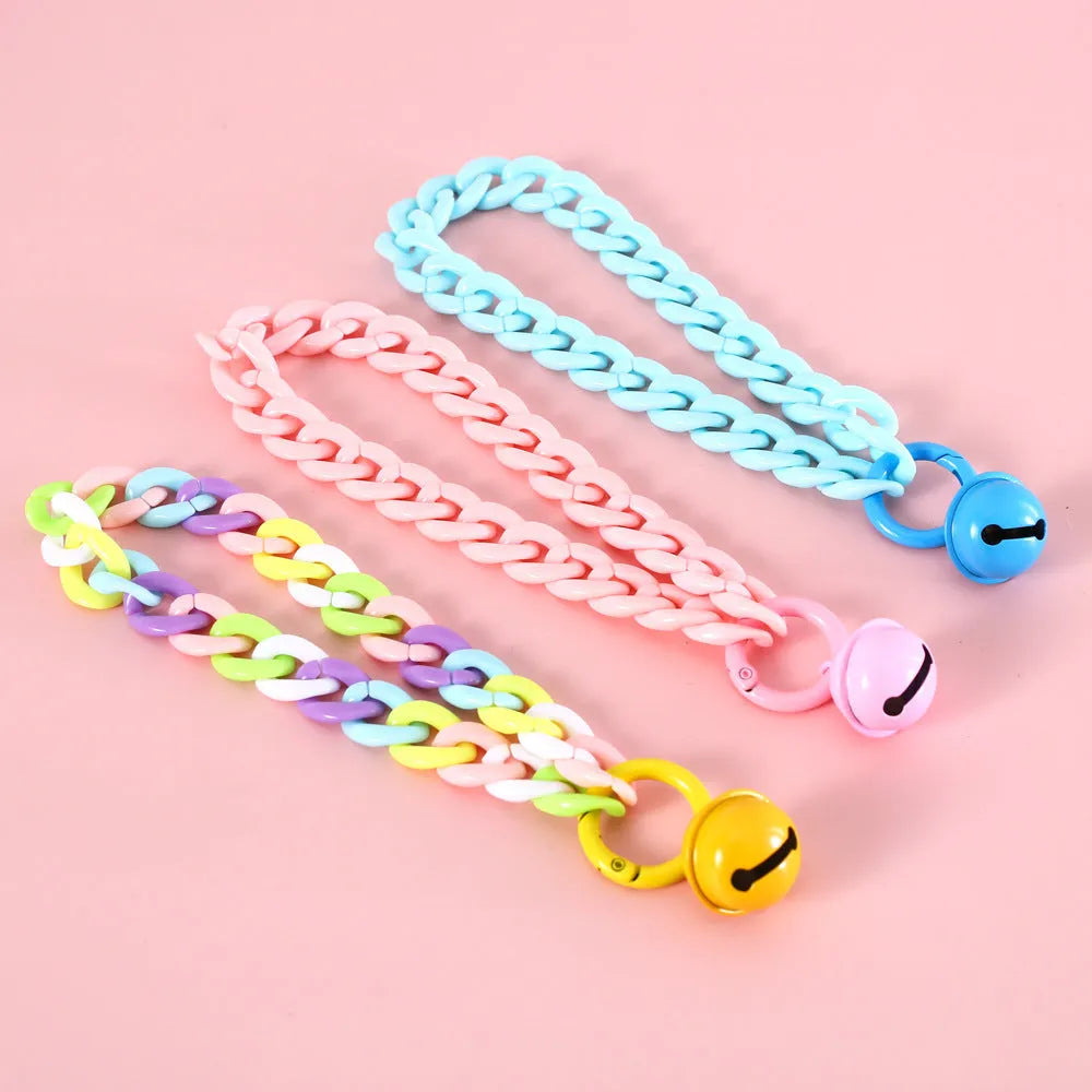 Plastic macaron candy colour chain-style pet collar for cats and dogs in blue, pink, and mixed colours.