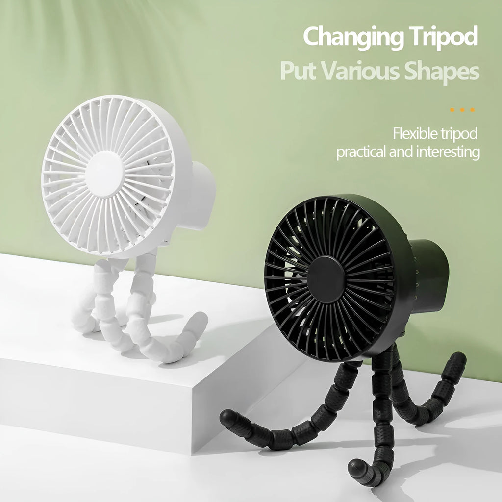 Compact portable desktop fan with flexible tripod stand and bending head, shown in white colour on a desk.