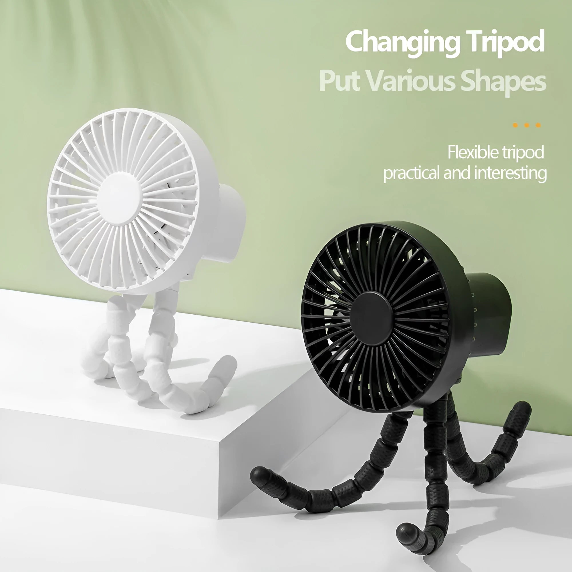Compact portable desktop fan with flexible tripod stand and bending head, shown in white colour on a desk.
