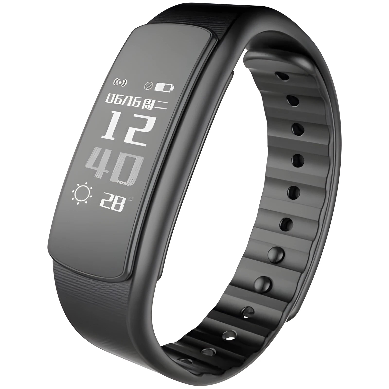 I6 smart sports bracelet in black with a 0.96-inch screen on a wrist.