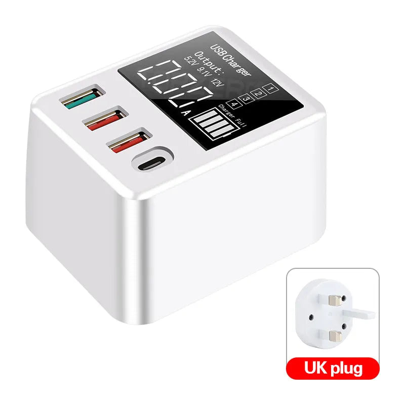 White A9T four-port USB travel wall charger with LED display and a UK three-pin plug.