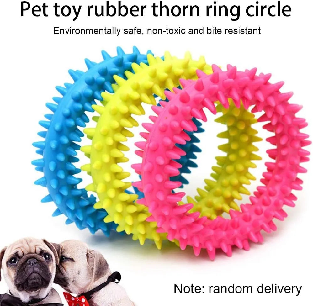 TPR spiky circle ring dog chew toy in blue, green, light blue, pink, rose red, or yellow, 9.5 cm diameter