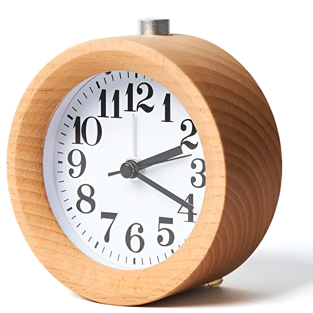 Solid beech wood silent snooze alarm clock showing wooden case, glass mirror face, and 9.5cm diameter