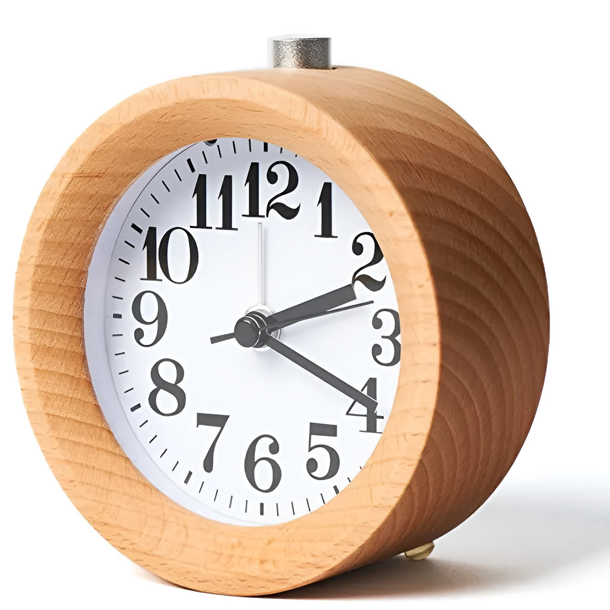 Solid beech wood silent snooze alarm clock showing wooden case, glass mirror face, and 9.5cm diameter