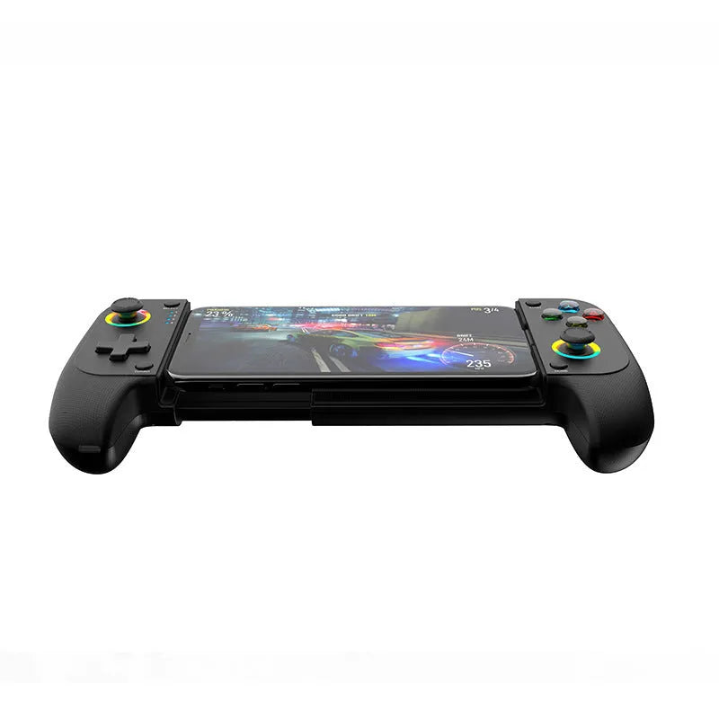 Bluetooth wireless game controller handle for mobile phones showing 17.5cm size and Type-C port