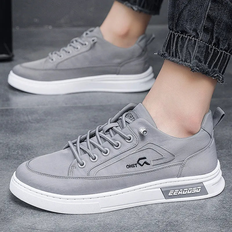 Grey men's canvas lace-up casual shoes with leather lining and rubber sole