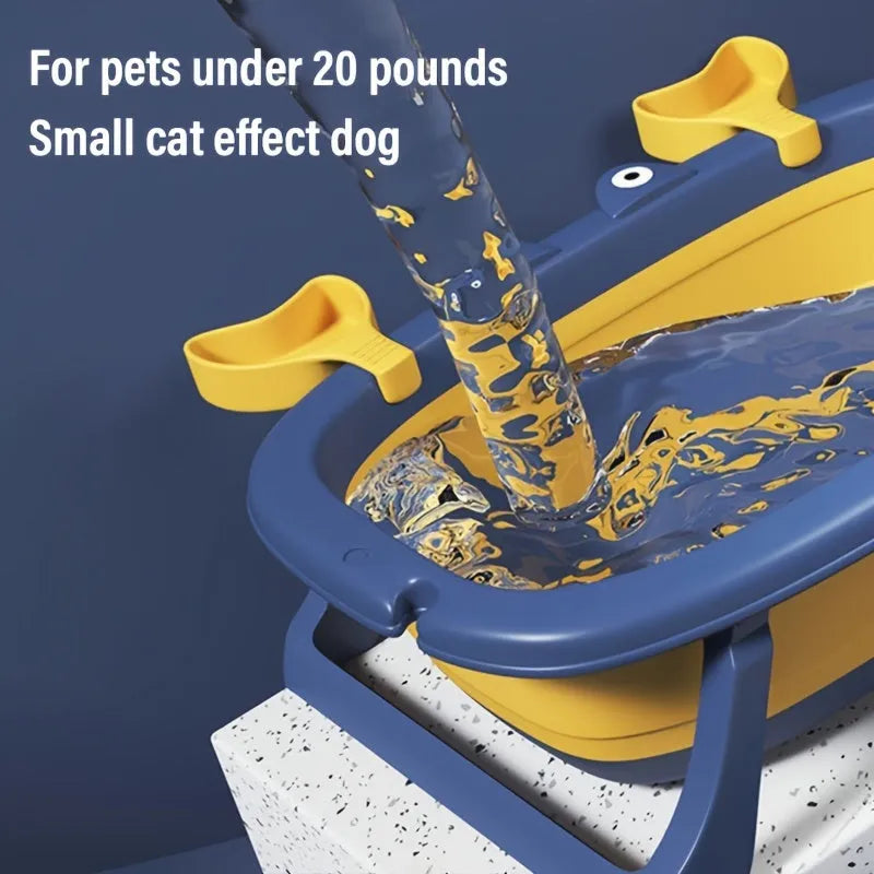 Blue foldable plastic pet bath tub for small dogs and cats on a plain background.