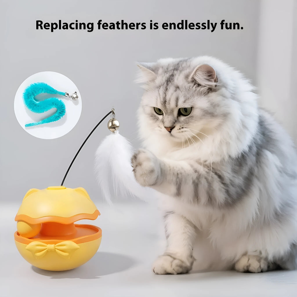 Electric tumbler-style cat teaser stick in lemon yellow, rolling on a floor.