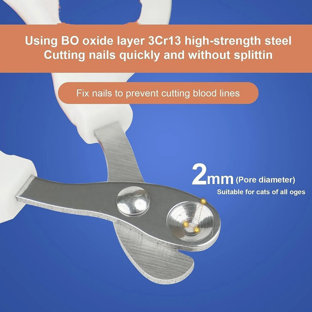 Blue cat nail clippers with circular hole design and cushioned non-slip handles.