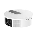 White 720p HD home theatre smart projector with remote control on a table.