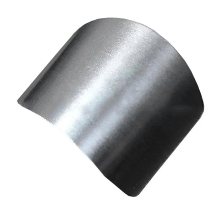 Stainless steel hand guard for finger protection during vegetable cutting.