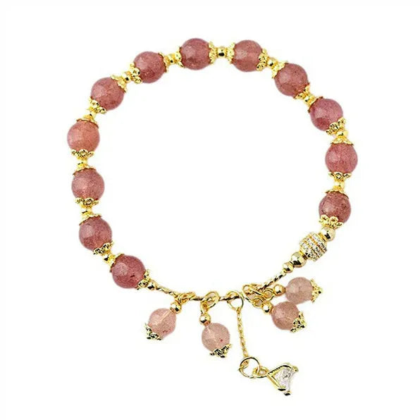 Pink women's bracelet with heart-shaped strawberry quartz crystal and pearl decorative elements
