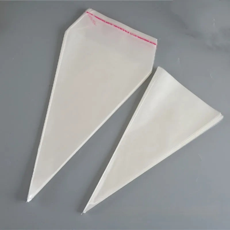 Clear triangle-shaped plastic packaging bag with a twisted wire tie closure.