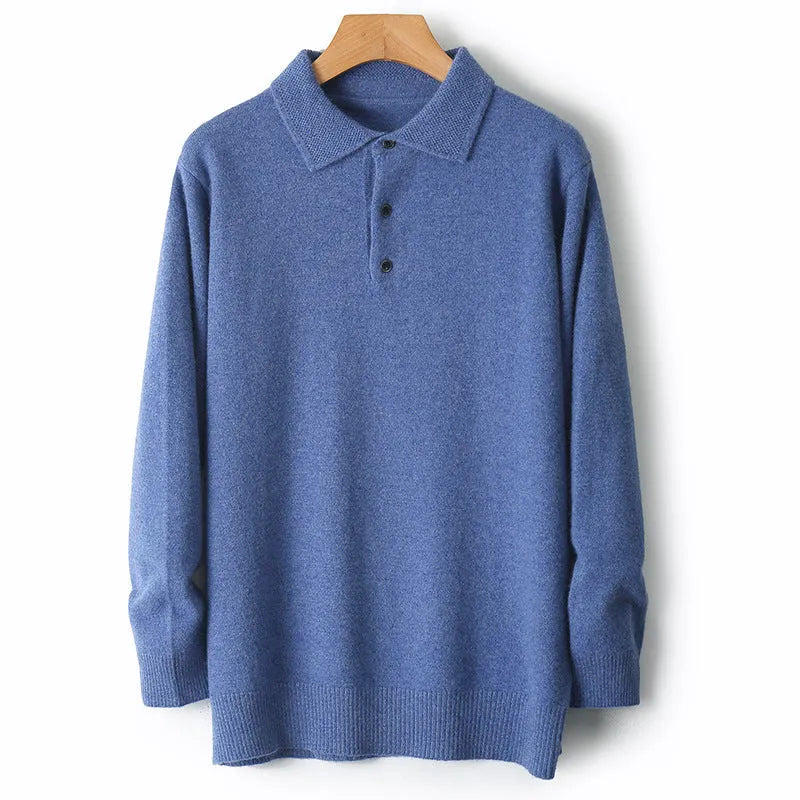 Men's woollen polo collar pullover sweater in a neutral colour showing long sleeves and textured collage stitching.