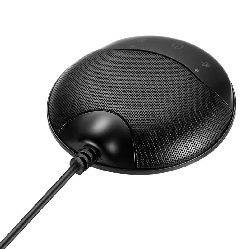 Black USB condenser desktop microphone for conferences and gaming with 9x9x1.7cm dimensions