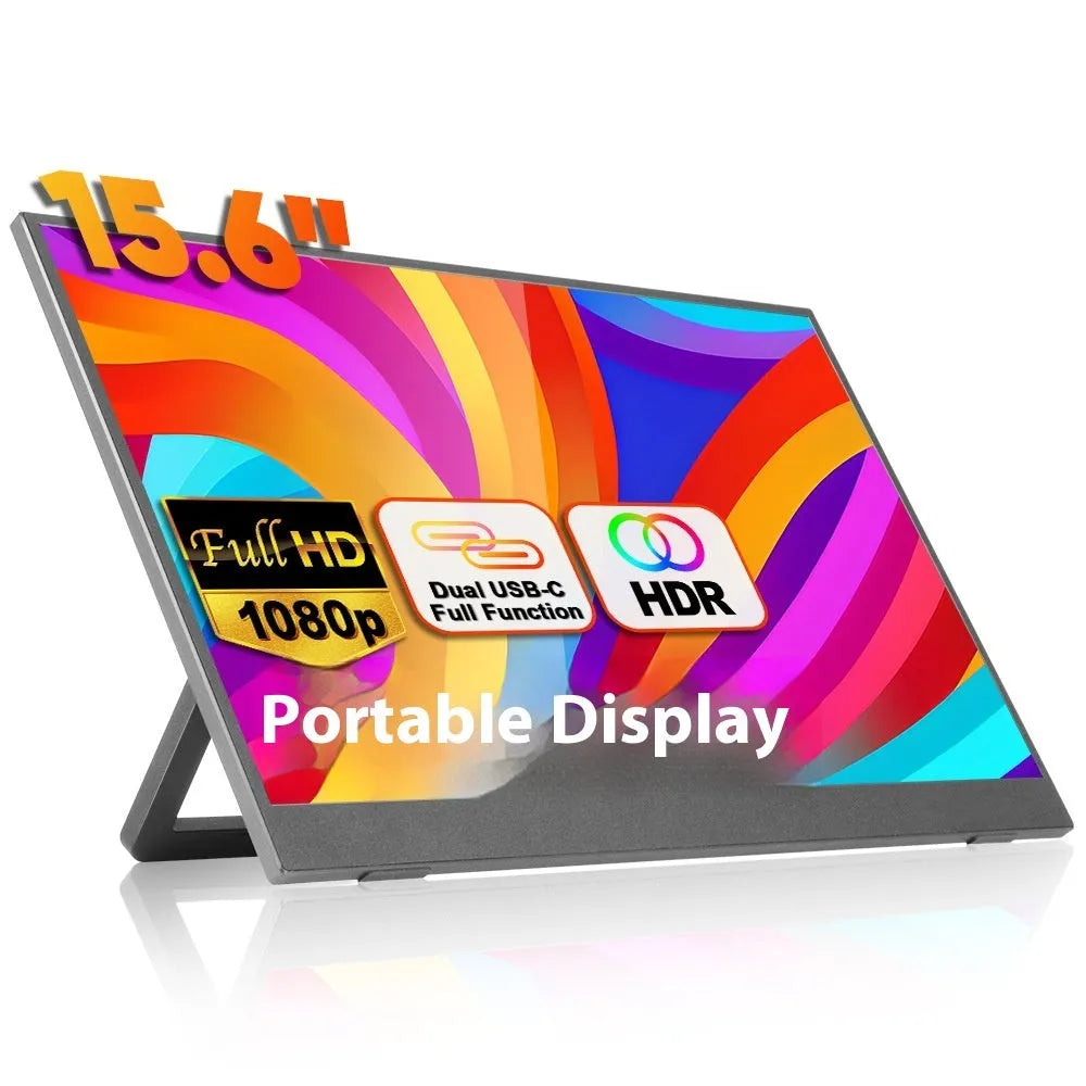 Black 15.6-inch portable LCD monitor on an adjustable stand, showing a desktop interface.