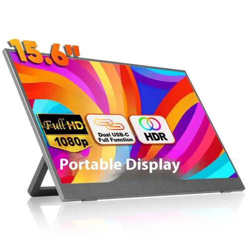 Black 15.6-inch portable LCD monitor on an adjustable stand, showing a desktop interface.