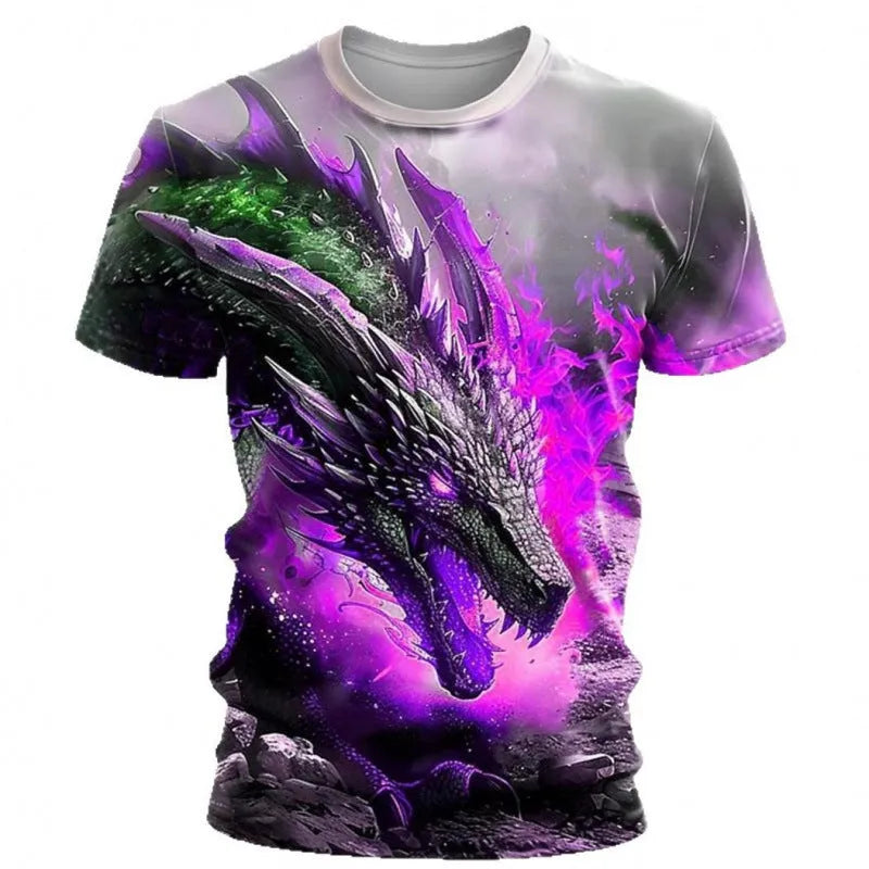 Men's grey T-shirt with 3D wind dragon chest print, short sleeves, thin milk silk fabric