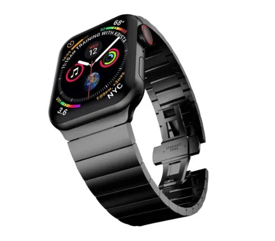 Stainless steel Apple Watch band with butterfly clasp in multiple colour options