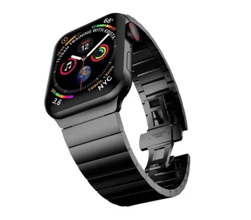 Stainless steel Apple Watch band with butterfly clasp in multiple colour options