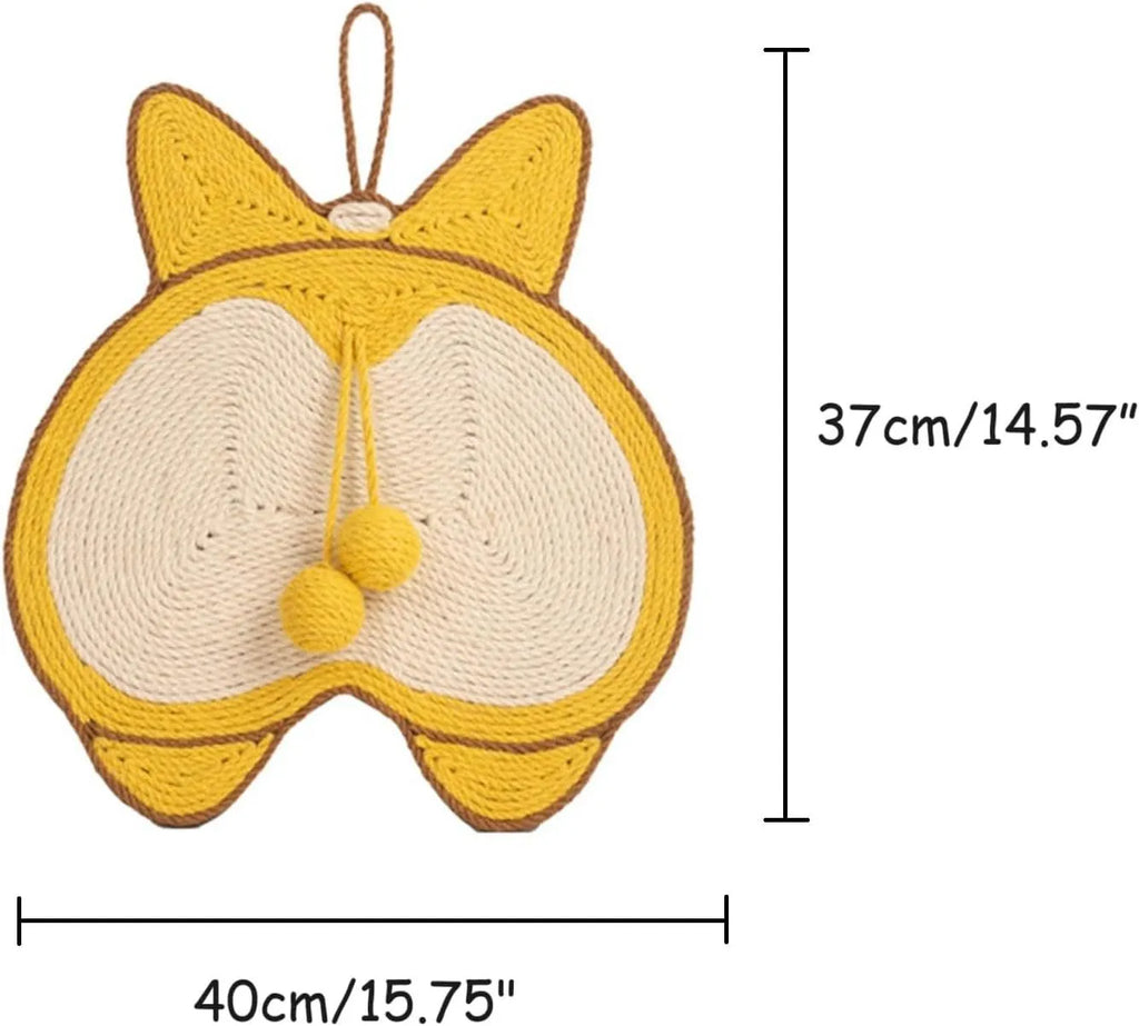 Yellow Corgi butt design sisal cat scratching pad with anti-slip base and wall mounting hooks