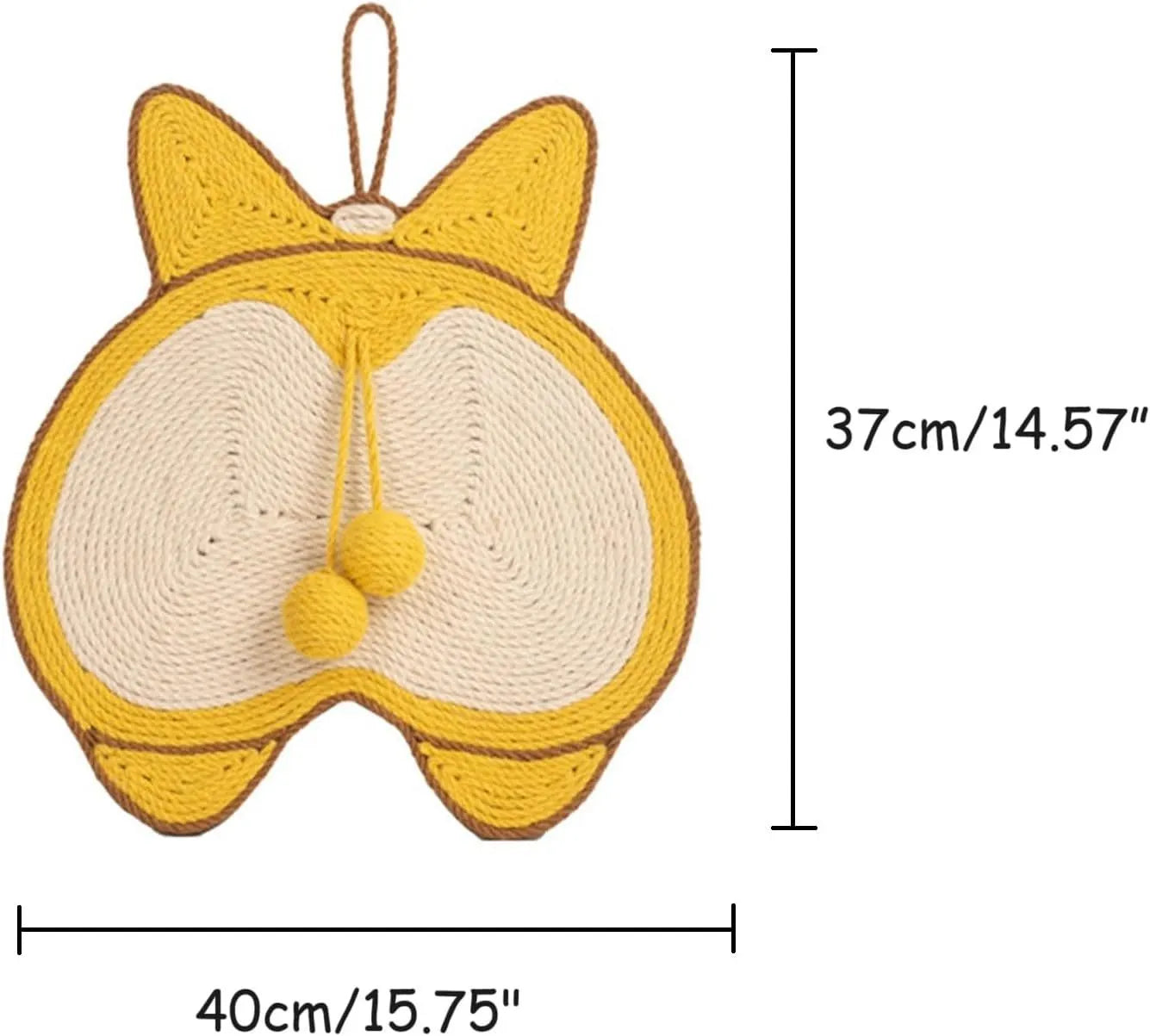Yellow Corgi butt design sisal cat scratching pad with anti-slip base and wall mounting hooks
