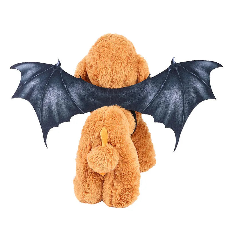 Black cloth bat wings for pets showing small, medium, and large size options