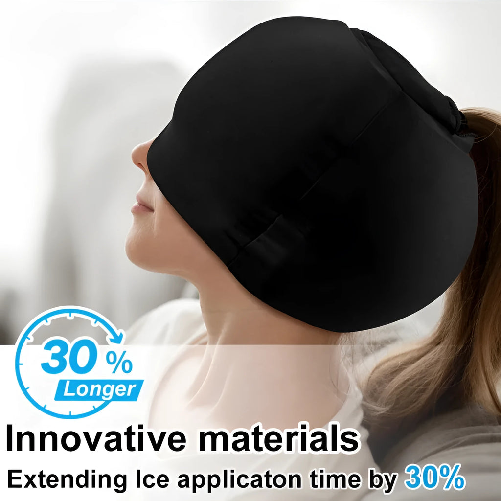 Simple solid colour cold compress cap with fully enclosed design shown in black, pink, and dark blue options