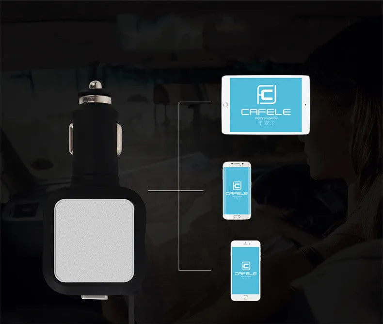 Black and gold dual USB car charger with retractable cable plugged into a car's 12V socket.