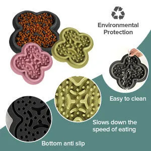 Blue silicone pet licking pad slow feeder mat on a wooden floor
