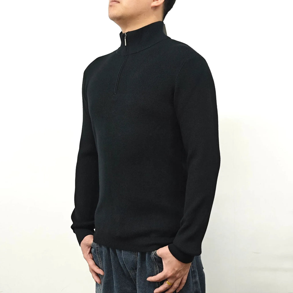 Men's black half-turtleneck zip-front sweater, a casual cotton blend pullover with long sleeves.