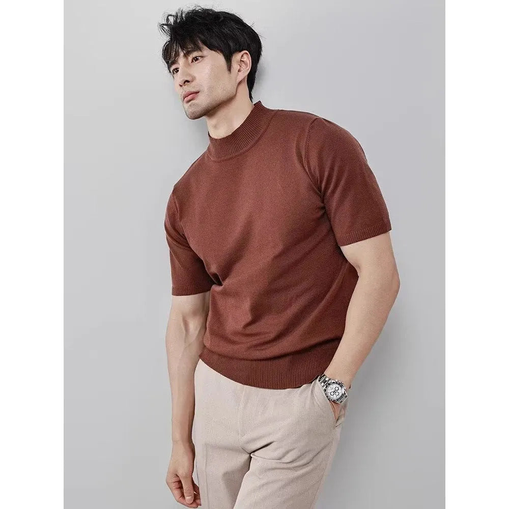 Men's ice silk half turtleneck knitwear pullover, slim fit thin solid colour top in white, black, grey, green and coffee