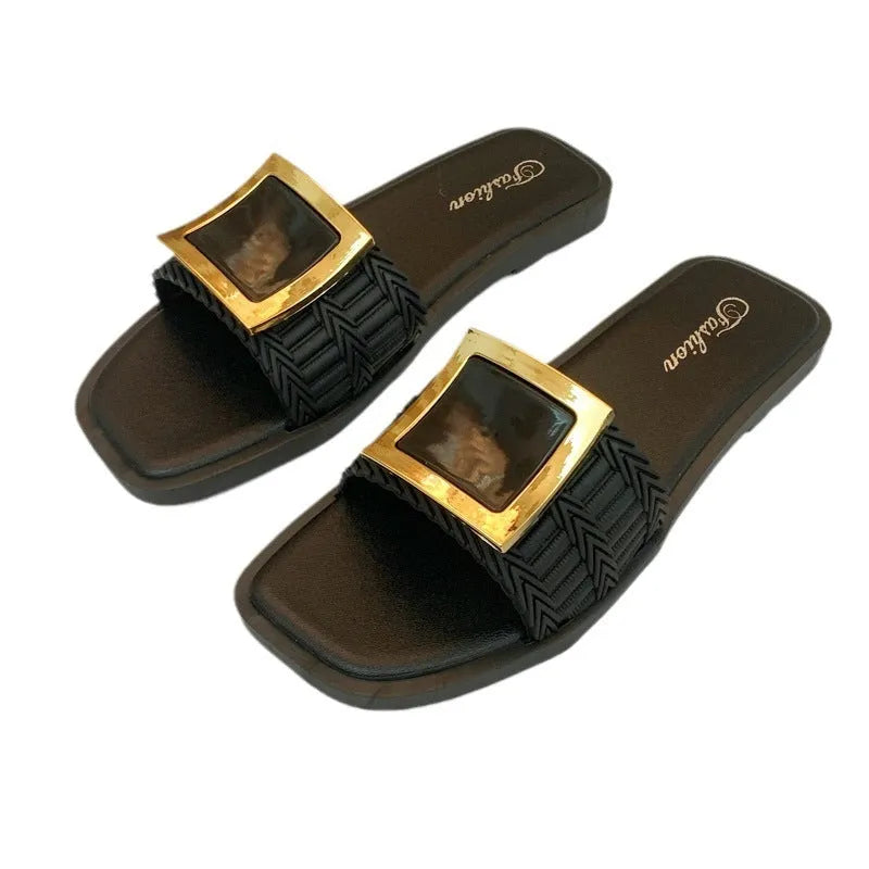 Women's apricot summer flat slippers with casual PVC non-slip sole