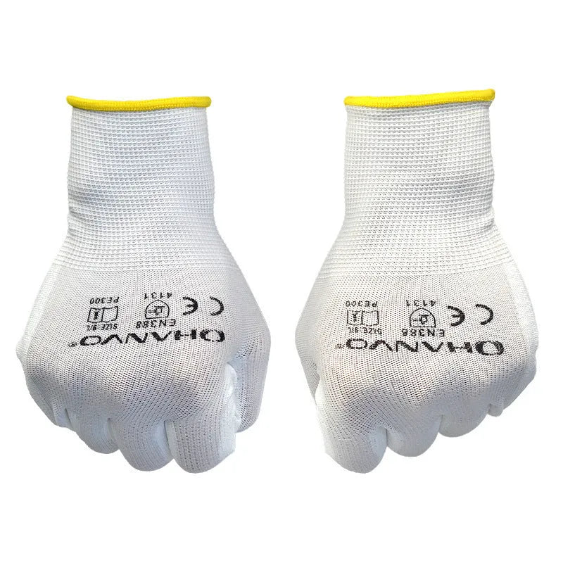 White PU coated labour gloves showing length and flexible construction