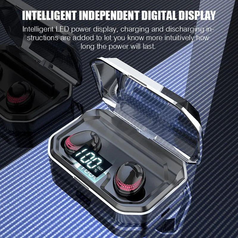 Black Bluetooth headset with charging case showing 8-hour call time and 100-hour standby specifications