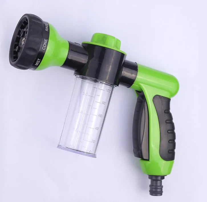 Green high-pressure foam spray gun for car washing with adjustable nozzle and multiple spray patterns
