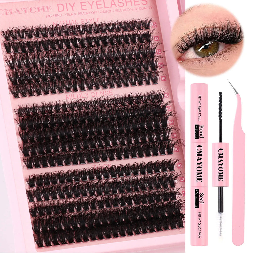 DIY false eyelashes kit with single cluster segments and application tweezers for customised eyelash extension