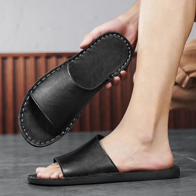 Men's brown leather sandals with rubber soles for outdoor casual wear