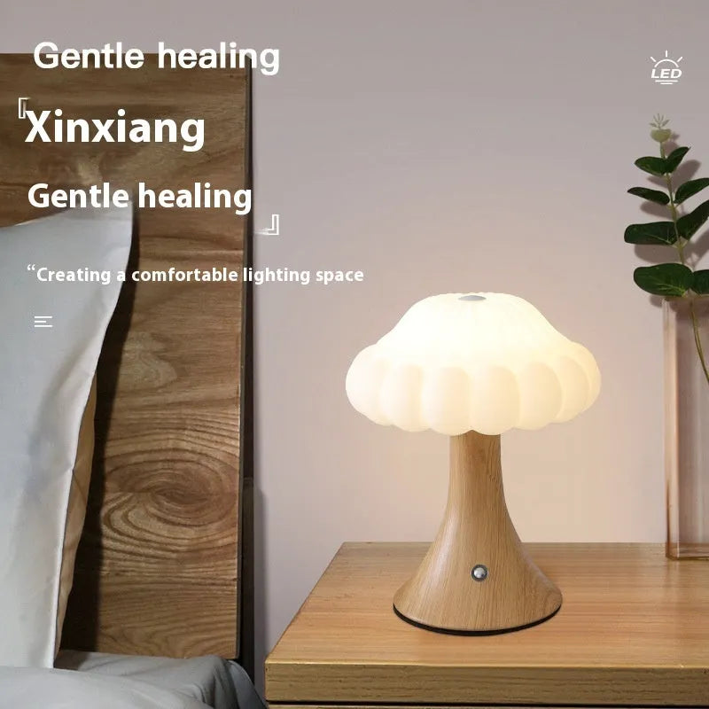 Mushroom-shaped USB rechargeable touch control night lamp in wood grain finish