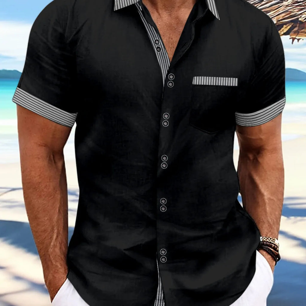 Men's slim fit striped casual shirt in pure cotton with short sleeves and double button front.