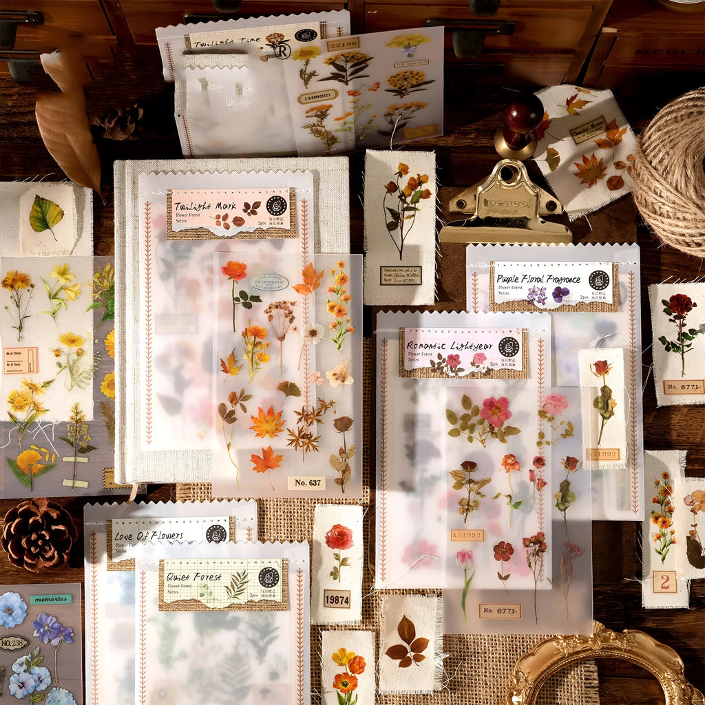 Huazhisen Series forest art sticker material pack showing printed transfer paper and cotton linen sheets