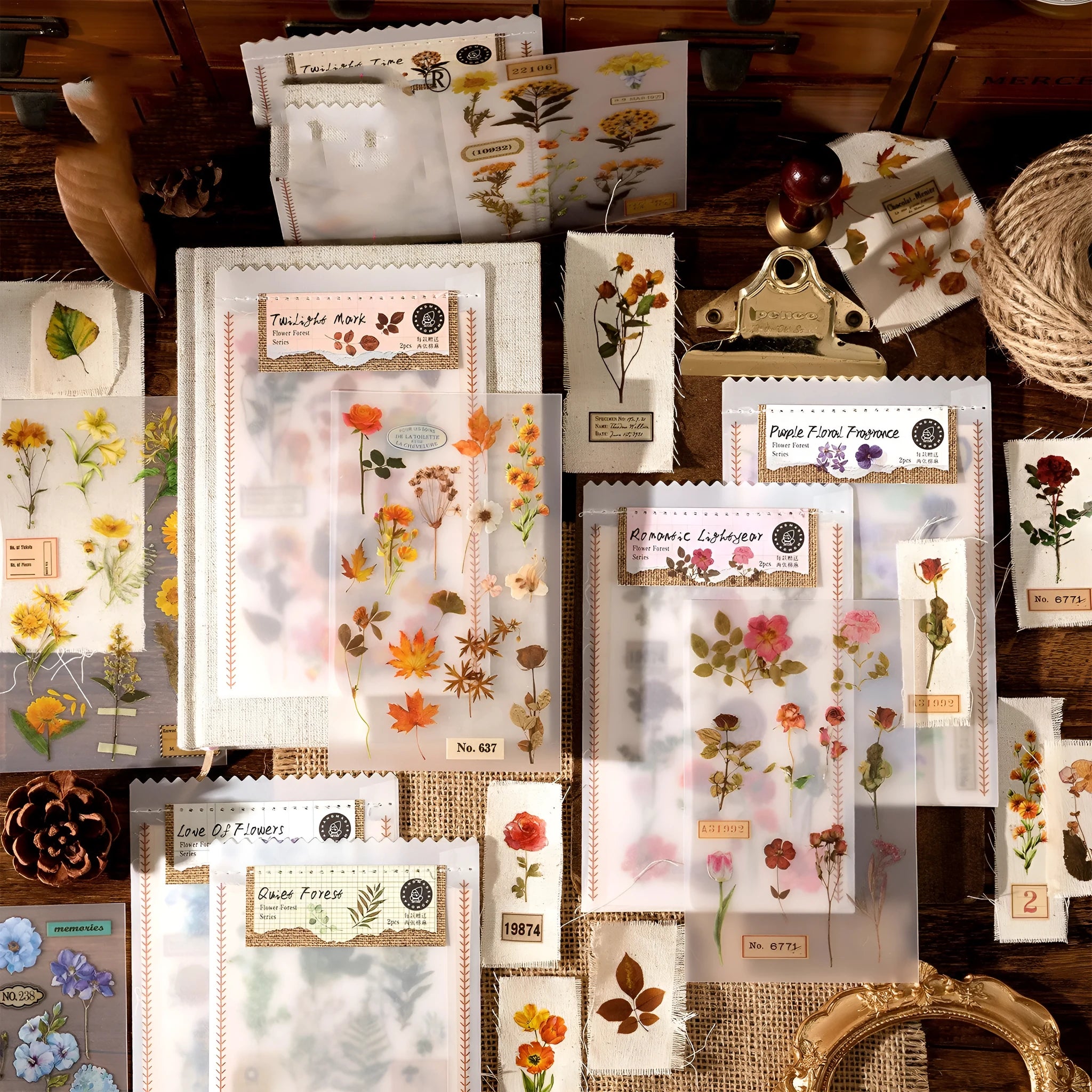 Huazhisen Series forest art sticker material pack showing printed transfer paper and cotton linen sheets
