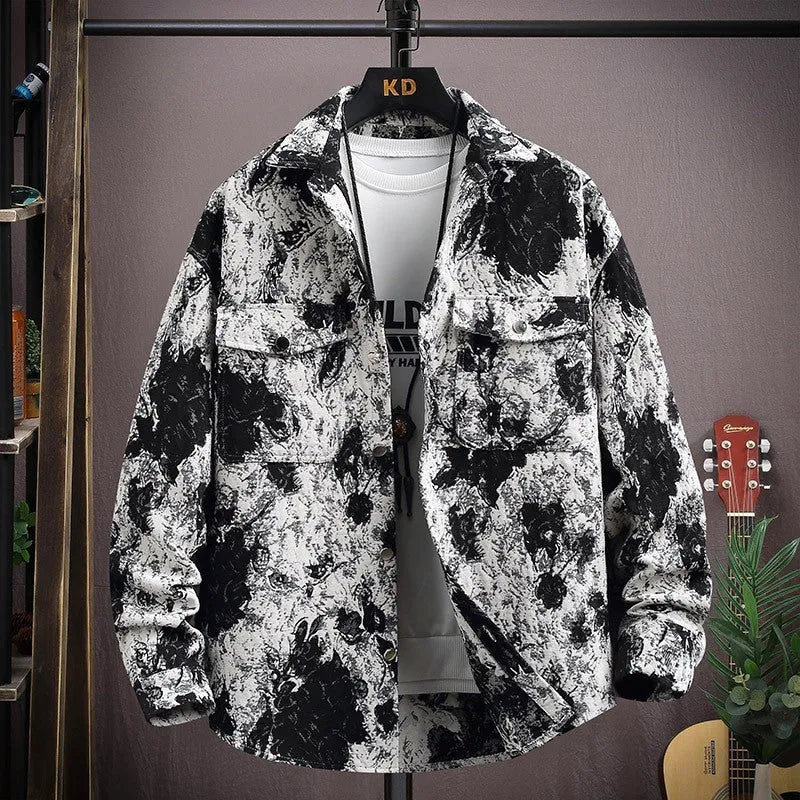 Casual lapel shirt coat in a colour-coded option like blue or black, showing long sleeves and straight hem.