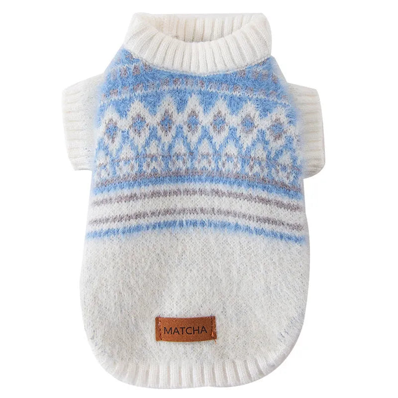 Diamond-shaped two-legged dog sweater in blue, sizes XS to XL for small dogs and cats