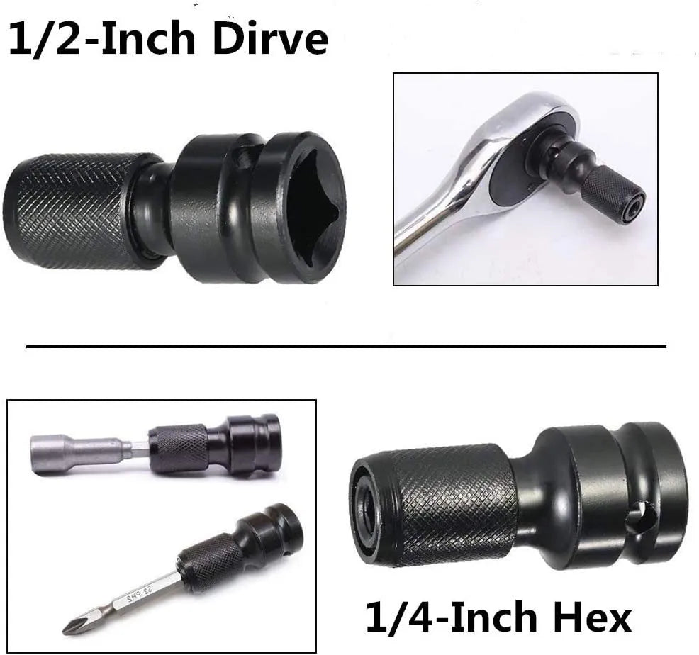 Steel scaling bit holder adapter for converting a 1/2-inch wrench drive to 1/4-inch hex bits.