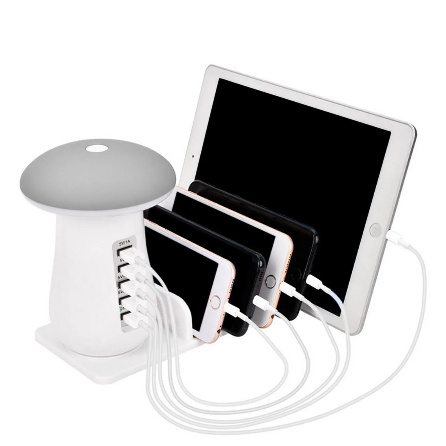 White USB charging station with five ports and built-in LED night light on wooden desk