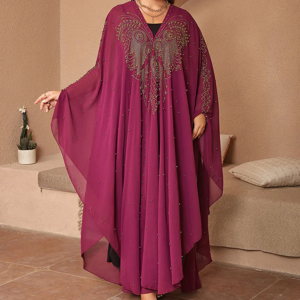 Purple chiffon shawl with rhinestone beading, styled as a cape, showing its long 135-175cm length.
