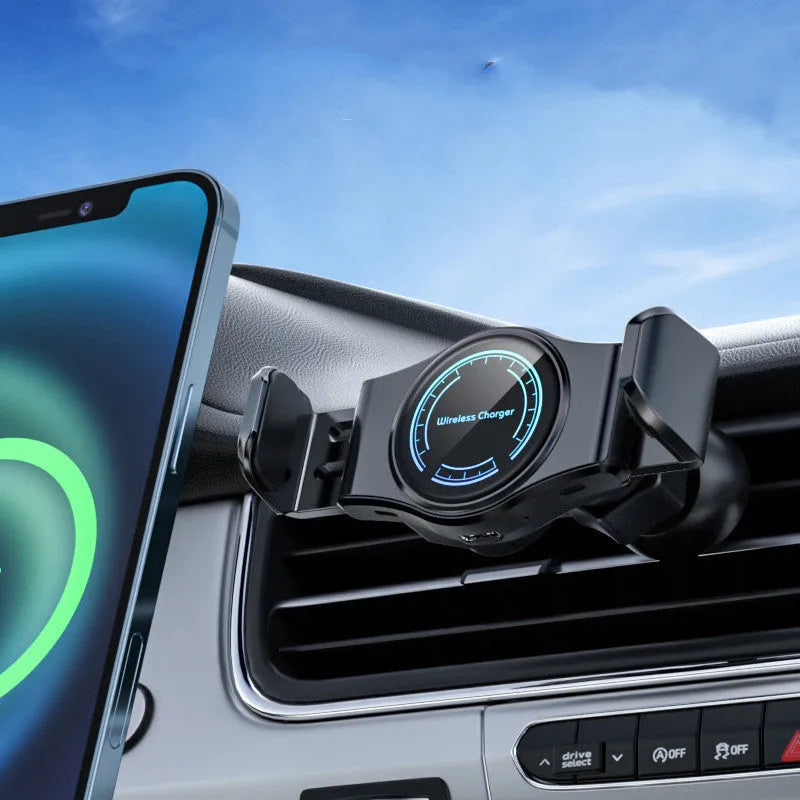 Wireless charging car phone holder, ABS snap-in air vent mount, 120mm x 110mm x 65mm, black silver gold