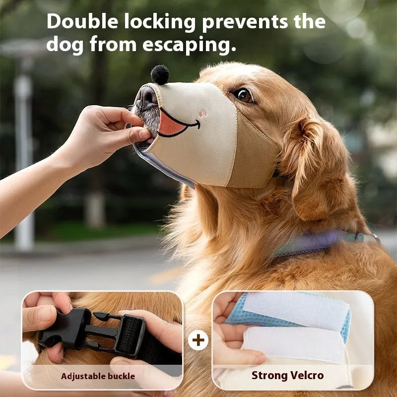 Canvas dog muzzle cover in Ollie Brown Bear or Bondi Blue Shark colours with four weight-based size options